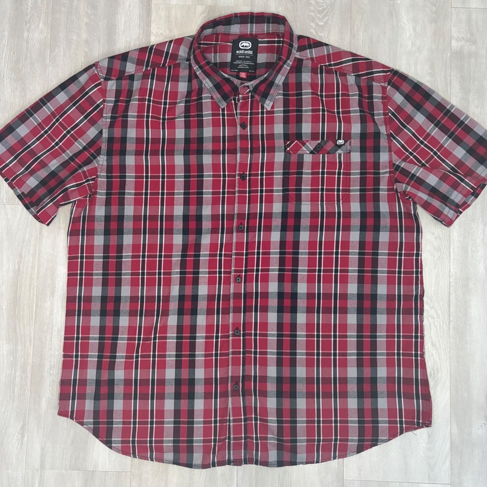Ecko Unltd Mens 2XL Red Black Plaid Short Sleeve Button Down Shirt Rhino Logo
